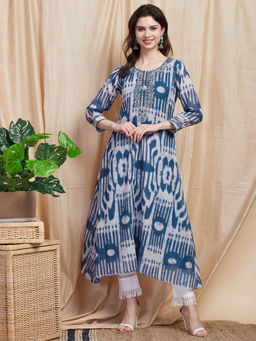 FASHOR - Printed Floral Embroidered High - Low Kurta - Blue