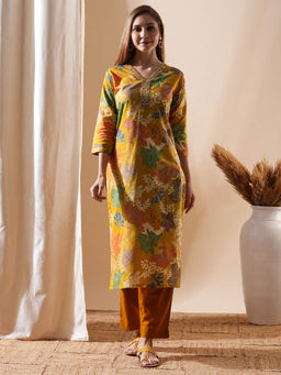 FASHOR - Floral Printed Embroidered Kurta - Mustard and Multi