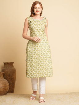 FASHOR - Ethnic Leaf Printed and Mirror Embroidered Straight Fit Kurta - Green