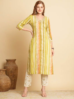 FASHOR - Ethnic Stripes Foil Printed and Embroidered Straight Fit Kurta - Green