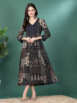 Nayam by lakshita - Navy Blue Women's Bandhani Printed Flared Midi Dress