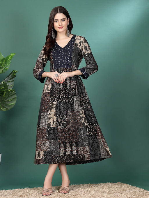 Buy Nayam by lakshita Navy Blue Women's Bandhani Printed Flared Dress (S)  Online