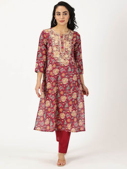 Saffron Threads - Wine Ethnic Floral Print Kurta with Yoke Embroidery