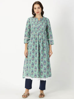 Saffron Threads - Sea Green Floral Print Kurta with Pintucks