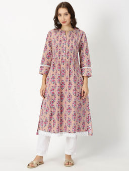 Saffron Threads - Pink Floral Print Kurta with Pintucks