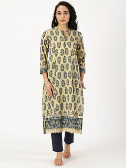 Saffron Threads - Cream Leaf Print Kurta with Contrast Border