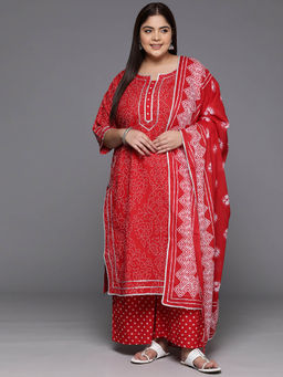 Extra love by Libas - Plus Size Women Red Printed Cotton Straight Kurta Sets for Women