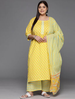 Extra love by Libas - Plus Size Women Yellow Printed Cotton Straight Kurta Sets for Women