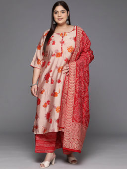 Extra love by Libas - Plus Size Women Red Printed Silk Blend Straight Kurta Sets for Women