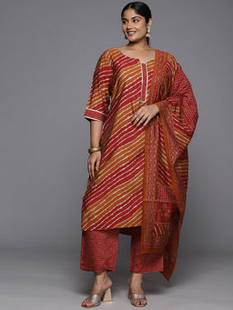 Extra love by Libas - Plus Size Women Red Printed Silk Blend Straight Kurta Sets for Women