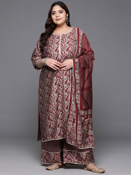 Extra love by Libas - Plus Size Women Red Printed Silk Blend Straight Kurta Sets for Women
