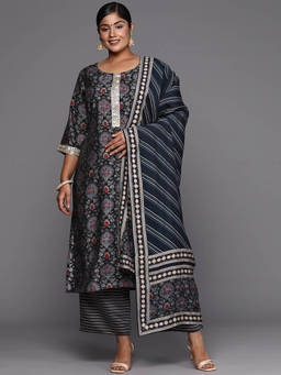 Extra love by Libas - Plus Size Women Blue Printed Silk Blend Straight Kurta Sets for Women