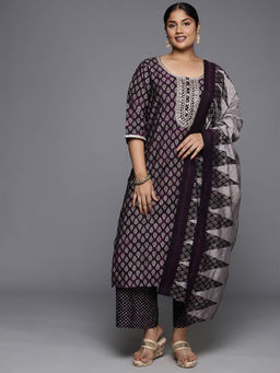 Extra love by Libas - Plus Size Women Purple Yoke Design Silk Blend Straight Kurta Sets for Women
