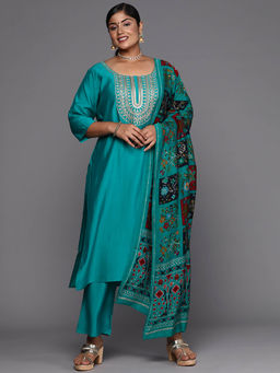 Extra love by Libas - Plus Size Women Green Yoke Design Silk Blend Straight Kurta Sets for Women