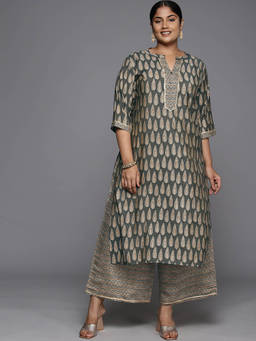 Extra love by Libas - Plus Size Women Olive Printed Silk Blend Straight Kurta Sets for Women