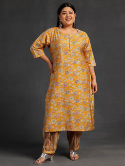 Extra love by Libas - Plus Size Women Yellow Printed Silk Blend Straight Kurta Sets for Women