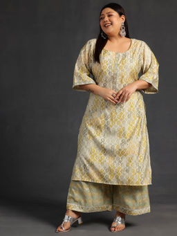 Extra love by Libas - Plus Size Women Green Printed Silk Blend Straight Kurta Sets for Women
