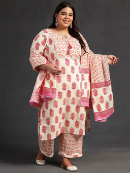 Extra love by Libas - Cream Printed Cotton Straight Kurta Sets for Women