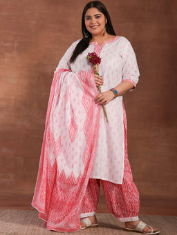 Extra love by Libas - Plus Size Women White Printed Cotton Straight Kurta Sets for Women