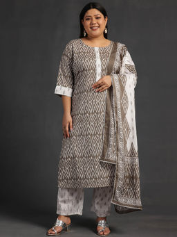 Extra love by Libas - Grey Printed Cotton Straight Kurta Sets for Women