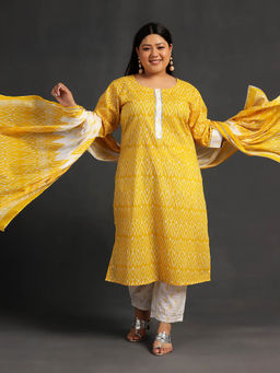 Extra love by Libas - Yellow Printed Cotton Straight Kurta Sets for Women