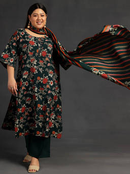 Extra love by Libas - Plus Size Women Green Printed Silk Blend Straight Kurta Sets for Women