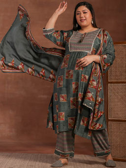 Extra love by Libas - Green Printed Silk Blend Straight Kurta Sets for Women