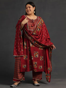 Extra love by Libas - Maroon Printed Silk Blend Straight Kurta Sets for Women