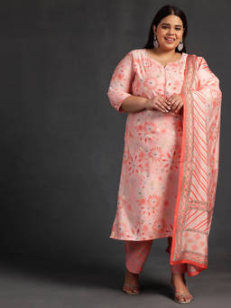 Extra love by Libas - Plus Size Women Peach Printed Silk Blend Straight Kurta Sets for Women