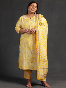 Extra love by Libas - Plus Size Women Yellow Printed Silk Blend Straight Kurta Sets for Women