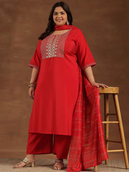 Extra love by Libas - Plus Size Women Red Yoke Design Silk Blend Straight Kurta Sets for Women