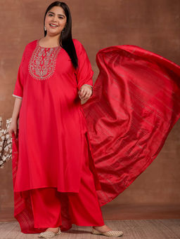 Extra love by Libas - Plus Size Women Pink Yoke Design Silk Blend Straight Kurta Sets for Women