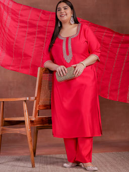 Extra love by Libas - Plus Size Women Pink Embroidered Silk Blend Straight Kurta Sets for Women