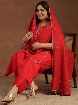Extra love by Libas - Plus Size Women Red Yoke Design Silk Blend Straight Kurta Sets for Women
