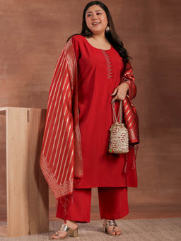 Extra love by Libas - Plus Size Women Red Solid Silk Blend Straight Kurta Sets for Women