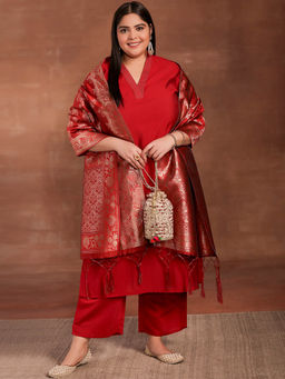 Extra love by Libas - Plus Size Women Red Solid Silk Blend Straight Kurta Sets for Women