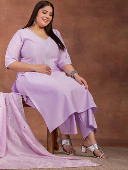 Extra love by Libas - Plus Size Lavender Yoke Design Silk Blend Straight Suit With Dupatta