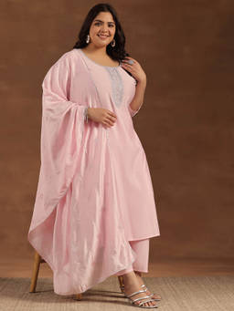 Extra love by Libas - Plus Size Women Pink Yoke Design Silk Blend Straight Kurta Sets for Women