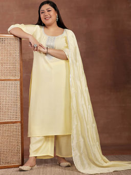 Extra love by Libas - Plus Size Women Yellow Yoke Design Silk Blend Straight Kurta Sets for Women