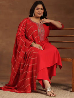 Extra love by Libas - Plus Size Women Red Yoke Design Silk Blend Straight Kurta Sets for Women