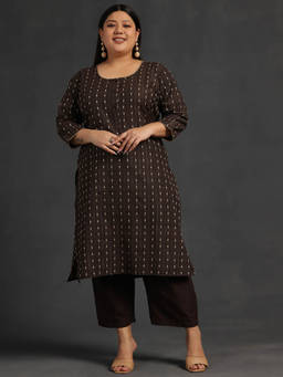 Extra love by Libas - Plus Size Women Brown Self Design Cotton Straight Kurta Sets for Women