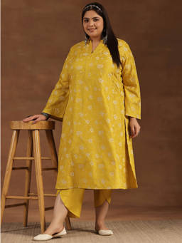 Extra love by Libas - Plus Size Women Mustard Printed Silk Blend Straight Kurta Sets for Women