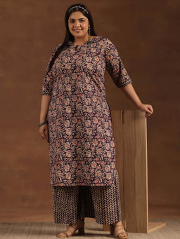 Extra love by Libas - Plus Size Women Purple Printed Cotton Straight Kurta Sets for Women