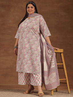 Extra love by Libas - Plus Size Women Pink Printed Cotton Straight Kurta Sets for Women
