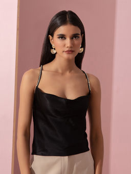 RSVP by Nykaa Fashion - Black Solid Strappy Cowl Neck Camisole Top