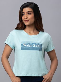 Globus - Women Blue Printed Round Neck Casual Boxy Fit Crop Top