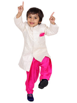 Tiny Pants - White Mukaish Sherwani with Pink Salwar (Set of 2)