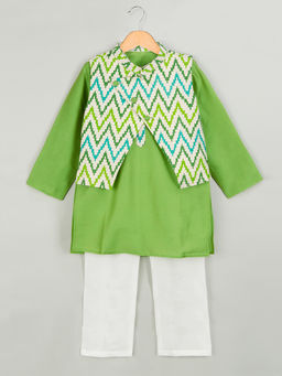 Tiny Pants - Green Ikat Nehru Jacket Kurta (Set of 3)