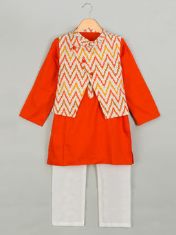 Tiny Pants - Orange Ikkat Nehru Jacket Kurta (Set of 3)