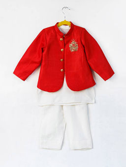 Tiny Pants - Red Embellished Suit Solid Kurta & Pyjama (Set of 3)